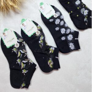 جوراب شیشه ای وارداتی تور مشکی گل برجسته